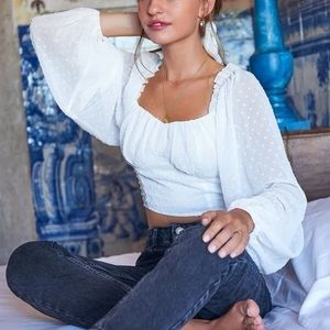 Swiss Dot Lettuce Trim Crop Milkmaid Blouse 🤍